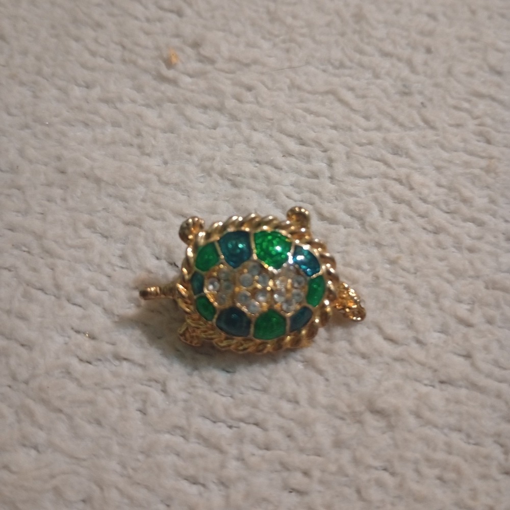 Vintage Pin Brooch Gold Toned Turtle With Clear Rhinestones Green Enamel Jewlery